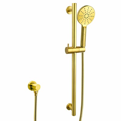 Brushed Gold Round Shower Riser Rail Bar Kit Set Handset Spray & Hose ...