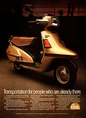 vtg 80s RIVA BY YAMAHA SCOOTER PRINT AD Moped Gold 180 Pinup Page