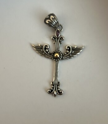 Artisan Crafted Sterling Silver Angel Wing Cross Pendant, Purple Rhodolite