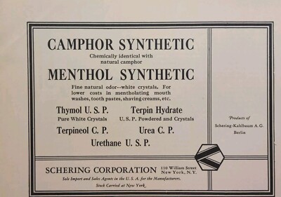 Schering Corp Berlin Camphor Menthol Thymol Terpineol Urea Vintage Print Ad 1931