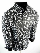 Black Abstract Mens Shirt White Spotted Designer Patterns Slim Fit Button Up