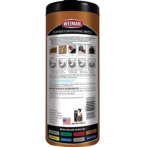 Weiman Leather Cleaner & Conditioner Wipes With UV Protection, Prevent