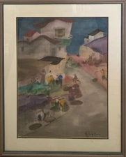 THAILAND 1973 MID CENTURY IMPRESSIONIST THAI MARKET SCENE WATERCOLOR ON SILK