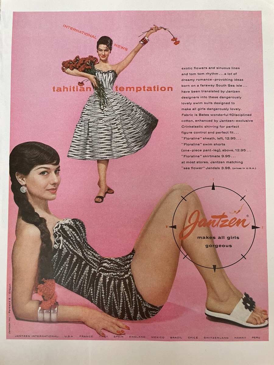 1956 vintage Jantzen swimsuit print ad. Jantzen Makes All Girls