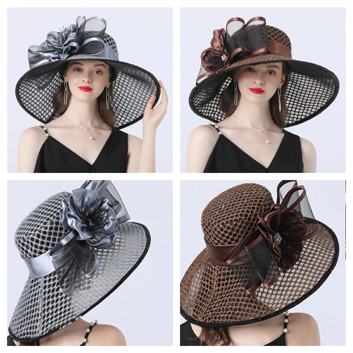 Church Tea Party Fascinator Hat Large Wide Brim Flowers Organza Hats For Women