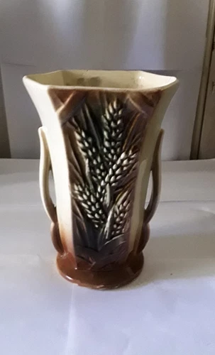 Vintage McCoy Pottery Vase 8.25" Wheat & Band Pattern Brown/Tan/Green