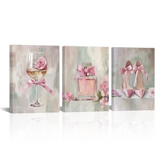 3 Pieces Pink Makeup Room Canvas Wall Art Fashion Wine Glass Perfume High Hee...
