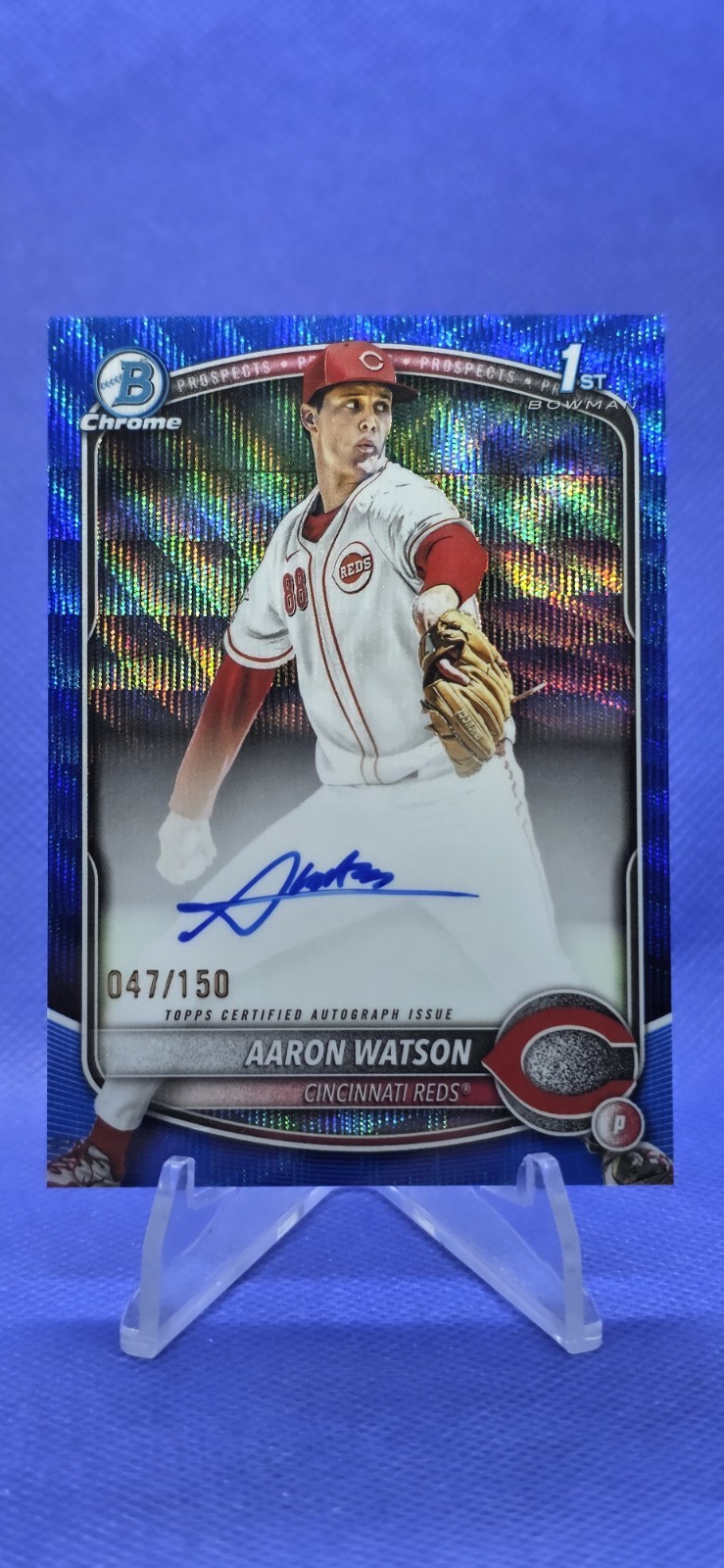 2025 Bowman Draft Chrome Aaron Watson Blue Wave Refractor 1st Auto # 47/150 Reds