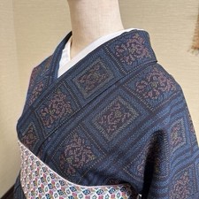 Tsumugi Style Kimono Navy Blue Geometric Flower Pattern Used