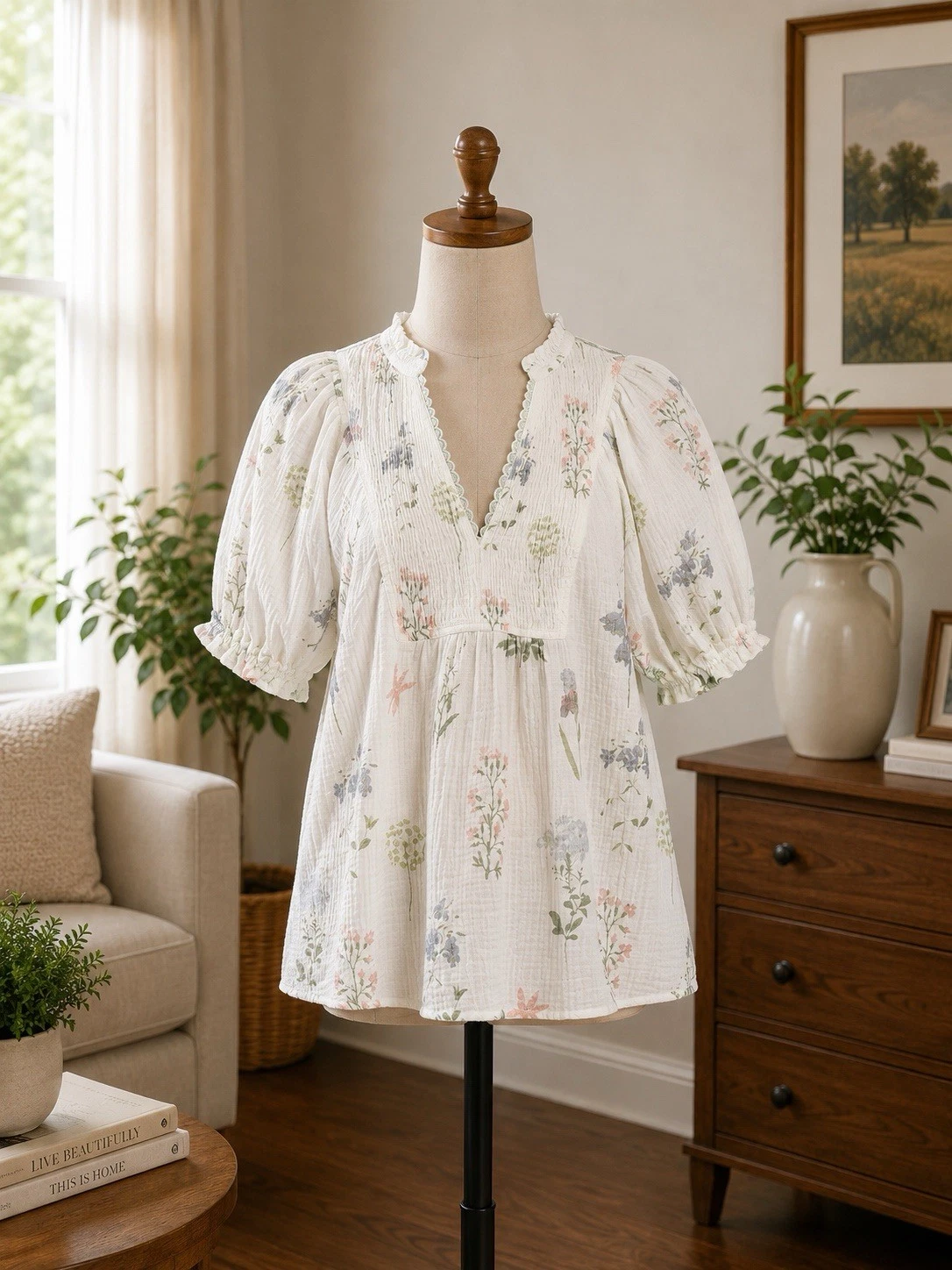Umgee Floral Print Cotton Gauze Top Cream Mix Boho Blouse