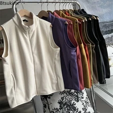 Autumn Winter Men's Polar Fleece Vests Stand-up Collar Zipper Pockets Vests Soft