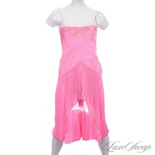 Versace Made Italy Hot Pink Pleated Silk Crystal Embroidered Cocktail Dress 42