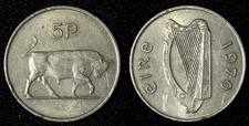 Ireland Republic Copper-Nickel 1970 5 Pence Bull large type KM# 22 (28 679)