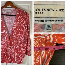 Jones New York Sport Coral White Floral Egyptian Cotton Cardigan Sweater XL