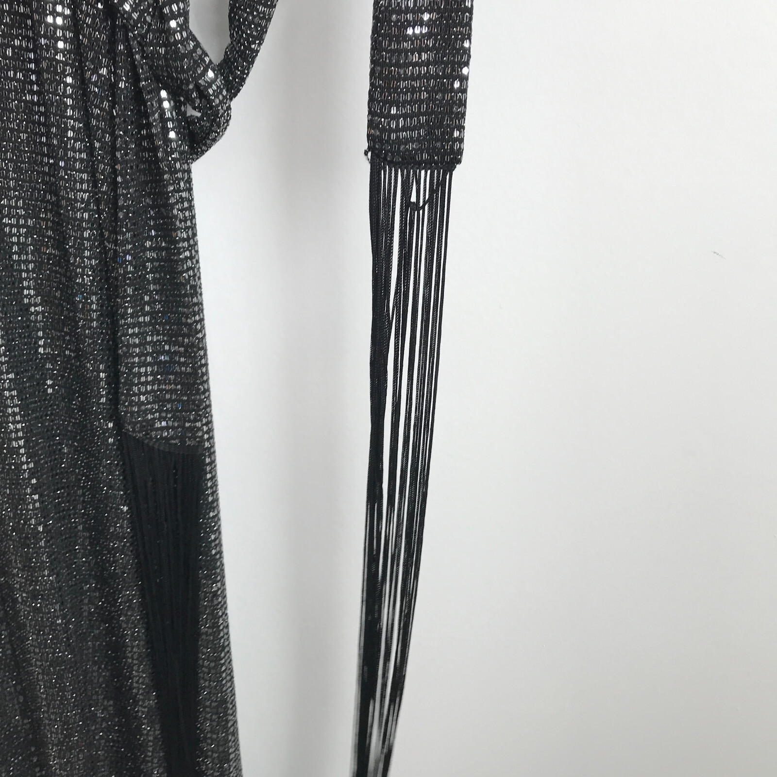 Zara XS Dress Silver Sequins Cowl Slip Midi Belt Fringe Tip Tie Sash