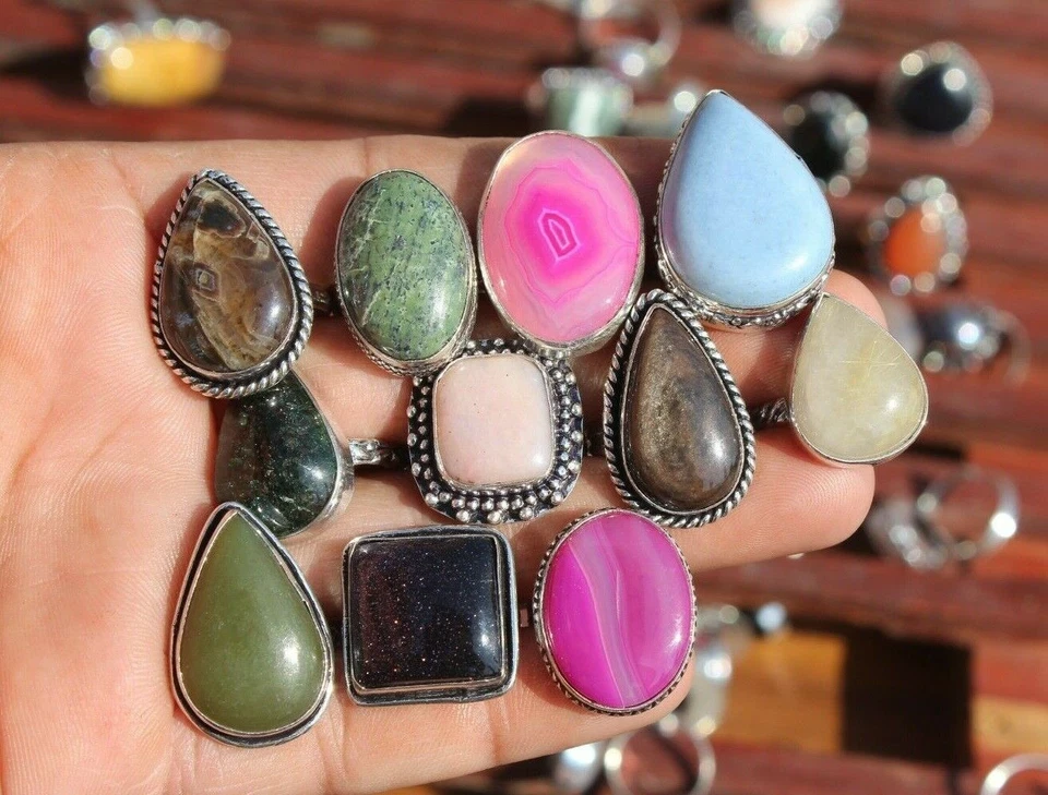 Оптоволоконное кольцо ручной работы с дендритовым опалом и смешанными драгоценными камнями покрытие серебро 925 пробы - Изображение 2 из 4