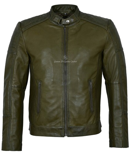 Leather Jacket Olive Green Biker Style 