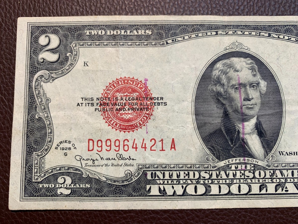 1928-G Two Dollars Bill Red Seal Note D 99964421 A Very good