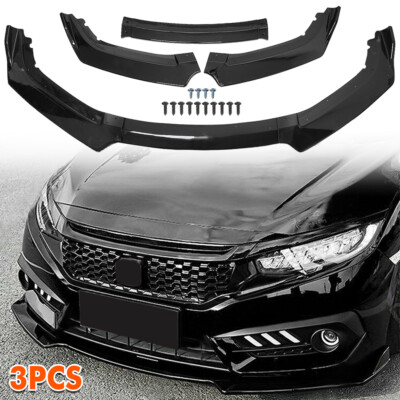 3Pcs Glossy Black Front Bumper Lip Spoiler Sport Style For Honda Civic 2016-2020