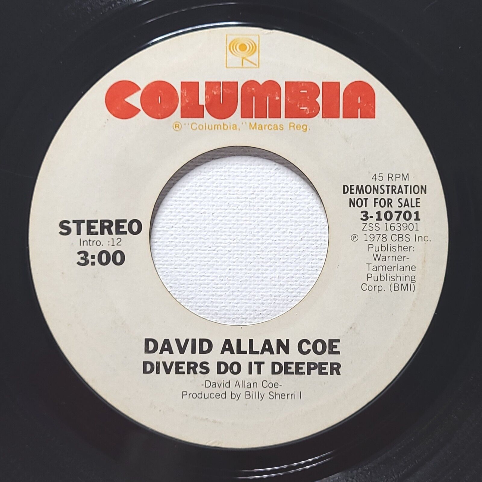 David Allan Coe 45 Record Promo Divers Do It Deeper on Columbia VG+ Country 