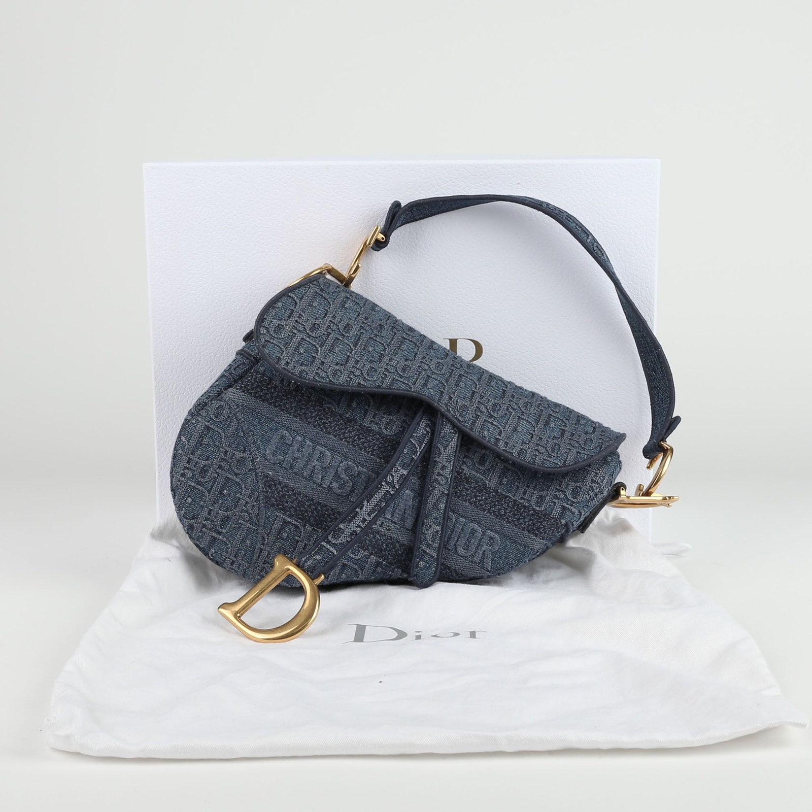 DIOR Blue Oblique Denim Canvas Saddle Shoulder Bag