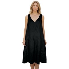 Talbots Black Irish Linen Sleeveless Dress Size 12 V-Neck Midi Lined Classic