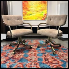 Vintage Hollywood Regency Chromcraft Brass Style/Upholstered Rolling Chairs Set