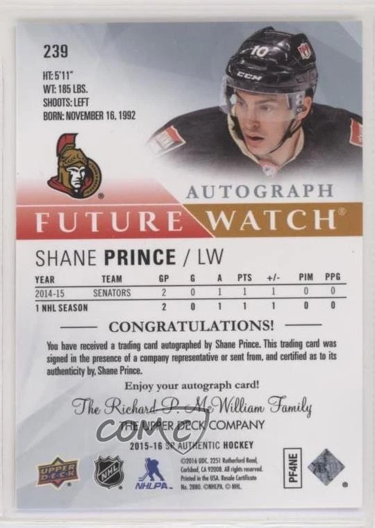 2015-16 SP Authentic Future Watch Inscribed /50 Shane Prince #239 Rookie Auto RC - Image 2 of 2