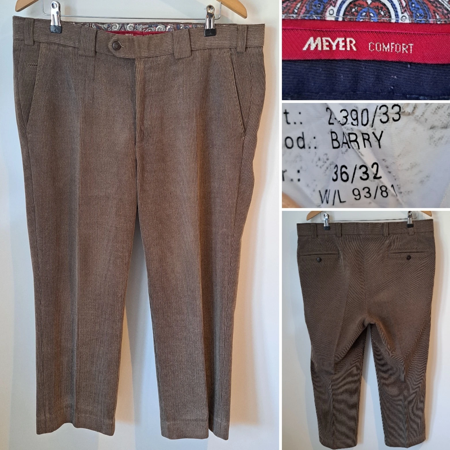 MEYER HOSEN MENS BARRY WOOL BLEND BROWN CORDUROY TROUSERS CHINOS SIZE W36 x L25