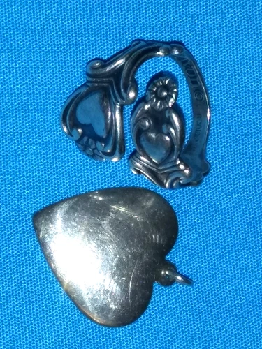 Vintage AVON Sterling Silver Heart Flower Spoon Ring + Michaud Sterling Pendant