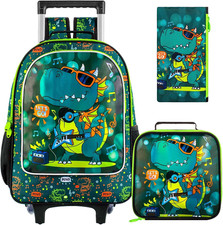 3Pcs Dinosaur Rolling Backpack for Boys, 18" Kids School Backpacks with Wheels