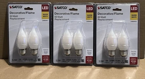Satco S21853 Led Light Bulb 5.5W 60W Flame Tip Frosted CA10 3-Pack (6 Bulbs) New - Picture 2 of 4