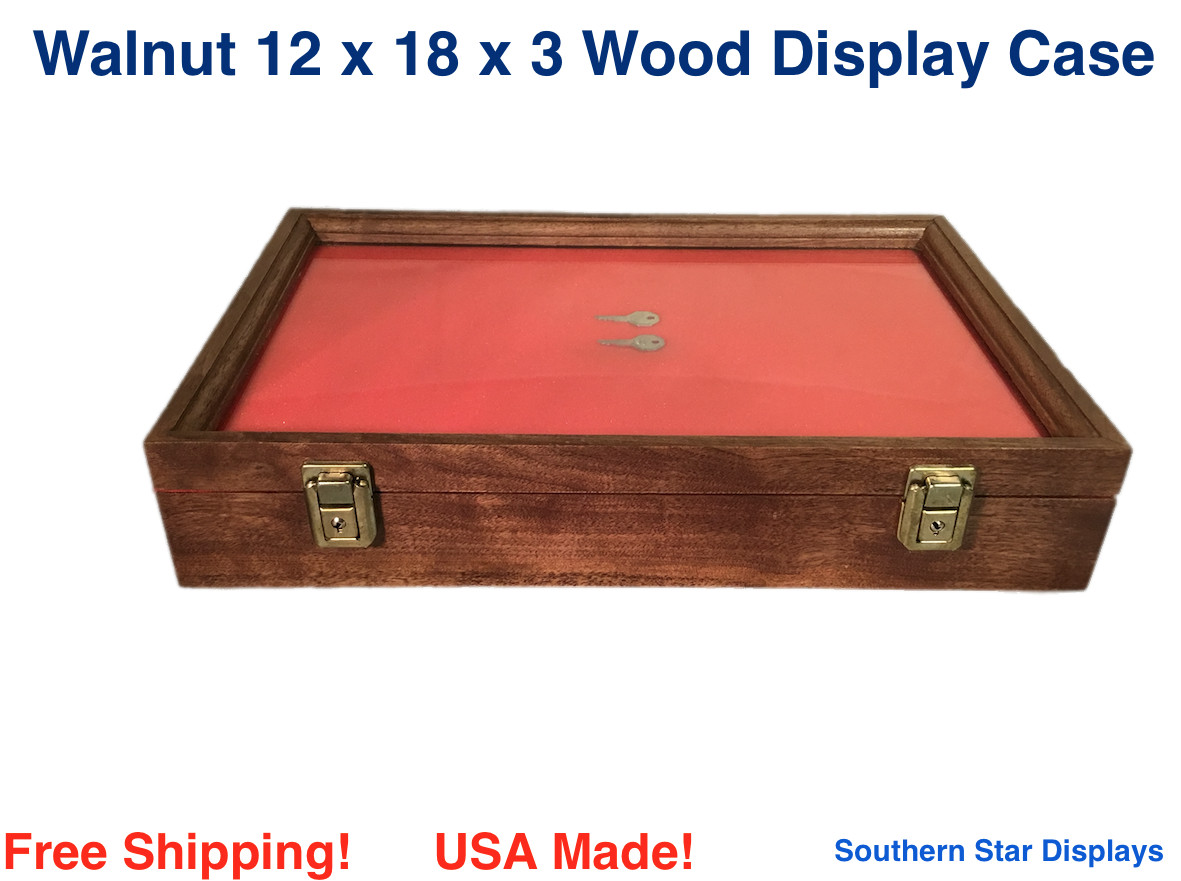 Walnut Wood Display Case 12 x 18 x 3 for Arrowheads Knifes Collectibles & More