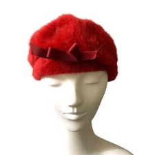 Kangol Red Angora Fuzzy Beret Hat Winter Vintage Bow Detail 22-23" Circumference