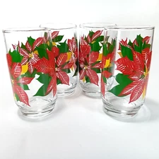 Vintage Anchor Hocking Christmas Poinsettia 12 Oz Tumblers 4 Drinking Glasses