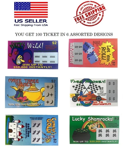 100 Fake Lottery Tickets 6 Assorted Designs Free Shipping USA Seller