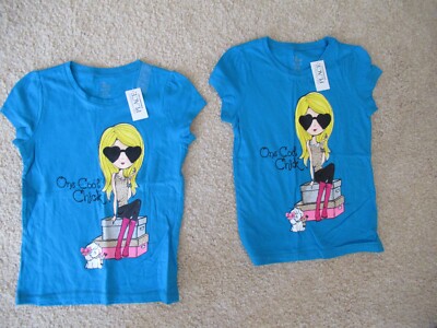 Twin girls ONE COOL CHICK GIRL DOG GLITTER DARK TURQUOISE BLUE Shirts NWT 7 8
