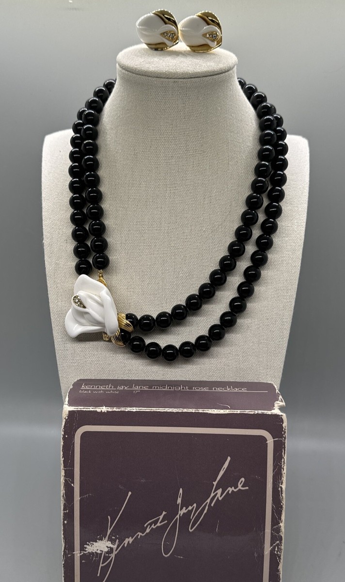 Vtg Kenneth Jay Lane Avon “Midnight Rose” Beaded Black White 