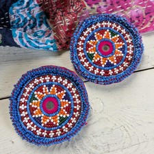 Kuchi Beaded Gul Patches Tribal Medallions Orange Flowers 3.35" 21581