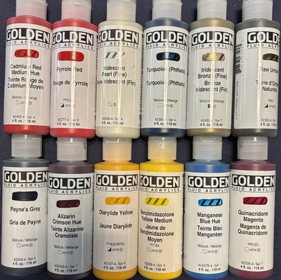 Golden Fluid Acrylics 12 Paint 4oz Bottles NEW Art Colors Painter Canvas Brush