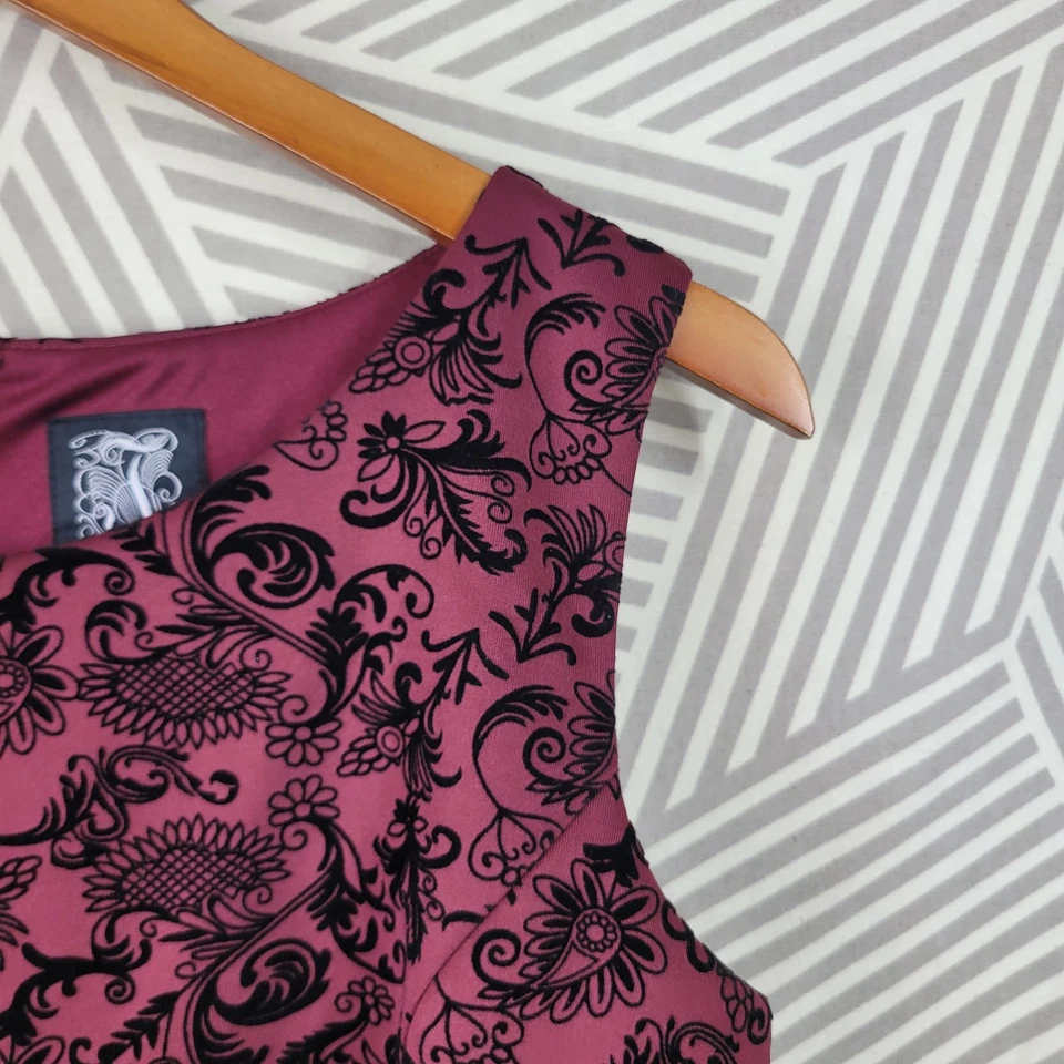 Jax Velvet Jaquard Dress Size 10 Black Knee Length Burgundy Wine Red Lace Party - Image 2 of 4