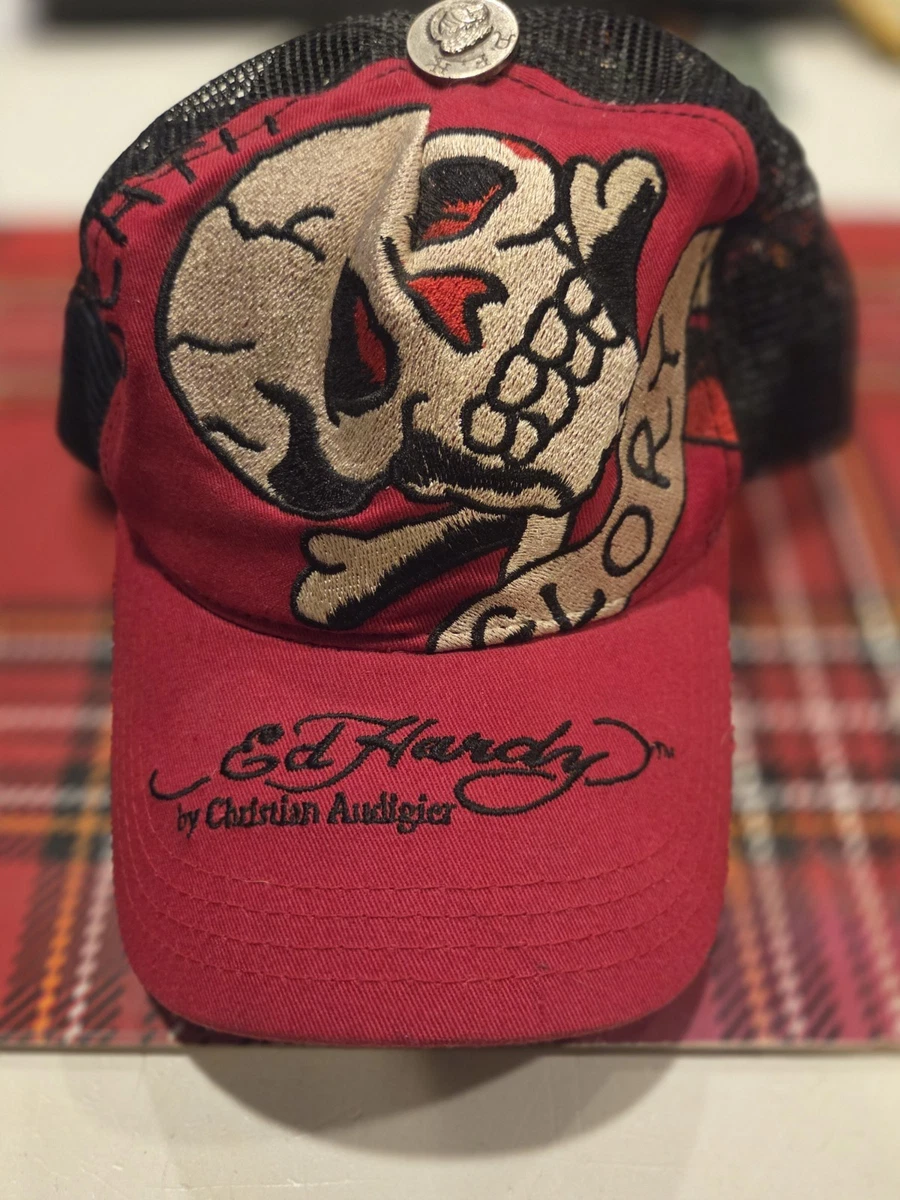 Ed Hardy Red Trucker Cap with Embroidered Skull and Roses Ed hardy hat adjustable - Gem main image 3