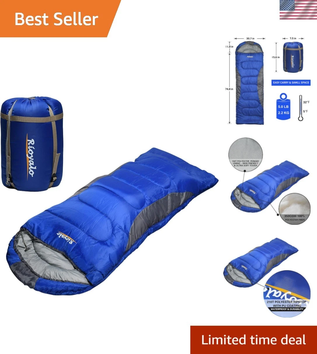 0 Degree Winter Sleeping Bags for Adults Camping 450GSM - Temp Range 5F–32F P...