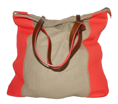 GAP Large Beige Cotton-Jute & Neon Coral-Pink Leather Slouchy Tote Bag