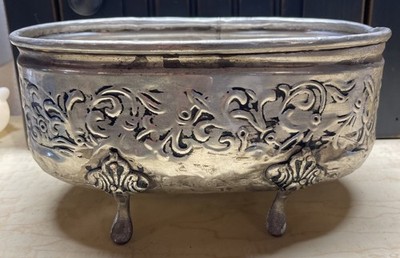 Silver Color On Brass Oval 10 X 6 Footed Display Bowl Whispy W/ Patina 5.25  T