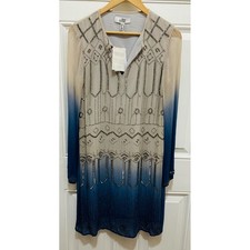 Belle Badgley Mischka Beaded Ombre Shift Dress Blue Cream Size 6 NWT Art Deco