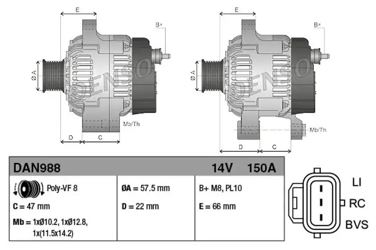 Alternator with freewheel belt pulley DAN988 DENSO for LAND ROVER