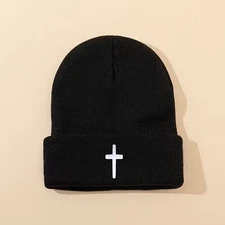 Black Christian Cross Beanie Knit Hat | Unisex Winter Skull Cap | Faith Gift