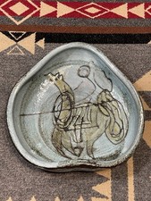 Vintage Camos Pottery VA Abstract Horse Rider Stoneware Dish Signed