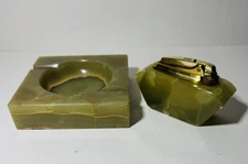 RONSON ONYX MARBLE LIGHTER & ASHTRAY. 2 Piece Set,  Green Color 1950’s